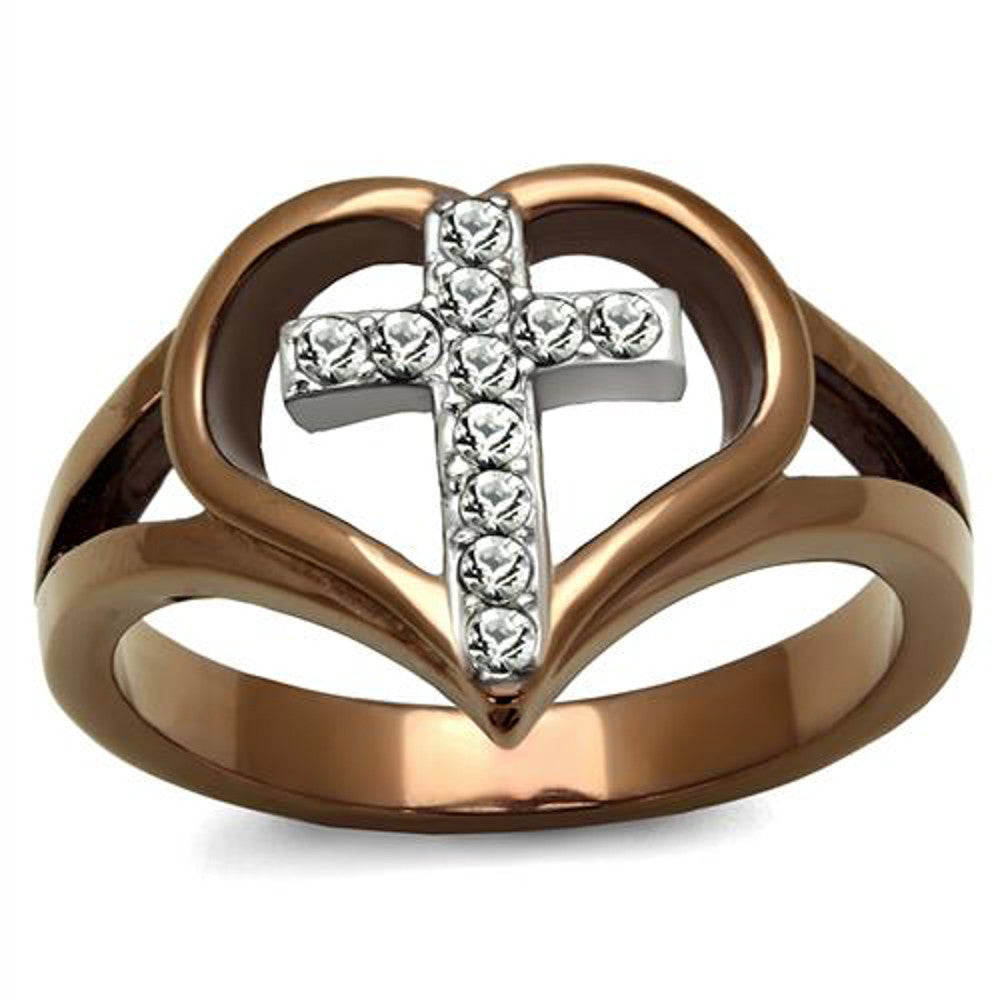Light Coffee Stainless Steel Crystal Cross & Heart Fashion Ring Womens Sz 5-10